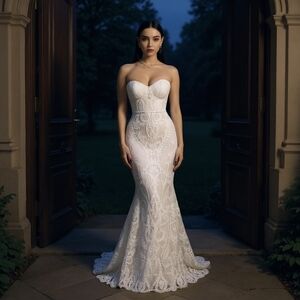 Miss ORD ✦ White Sequin Lace Maxi Dress ✦ Strapless Sweetheart w/ Train ✦ Size S